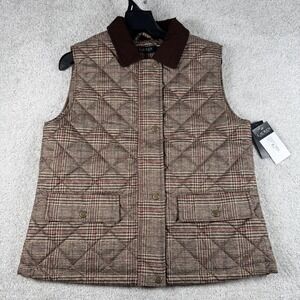 Lauren Ralph Lauren Heritage Plaid Quilted Vest Corduroy Collar Brown Womens New